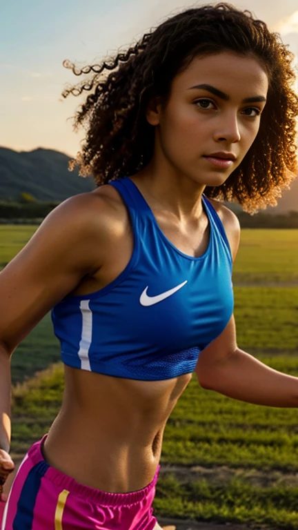 young woman, determined look, modern era, running gear, inspirational setting, standing strong, sunset in the background, close-up, motivational style