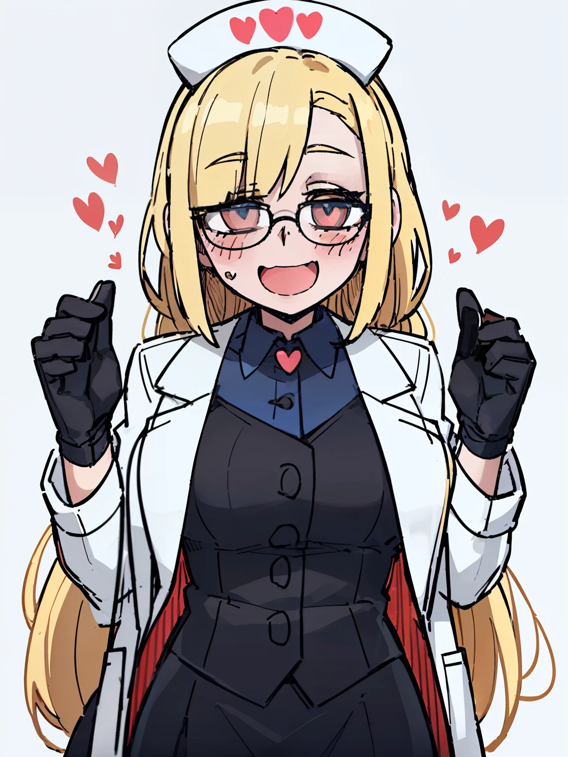 ((A woman，((blonde))，Long ponytail whip，White doctor coat，Blue Shirt，Black skirt，Black round glasses，Nurse hat))，matron，((blush，Heart Eye))，like心，like，happy，front，Half Body，White background