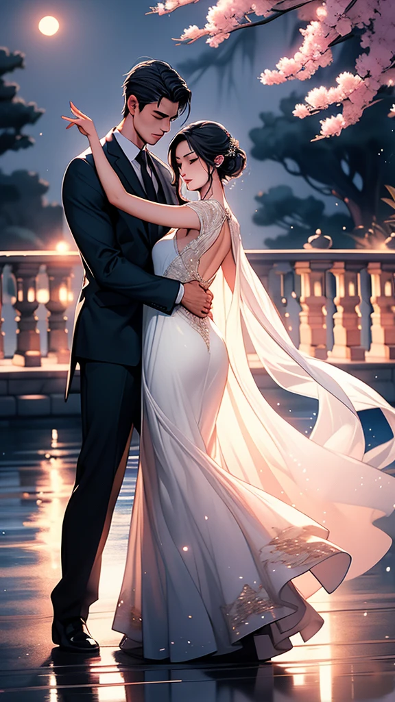 a beautiful young chinese girl in a transparent long white dress, dancing tango with a handsome man in a moonlit park with a lake, elegant and graceful movements, glowing moonlight, serene atmosphere, detailed facial features, intricate dress flowing, photorealistic, highly detailed, dynamic composition, dramatic lighting, cinematic, trending on artstation