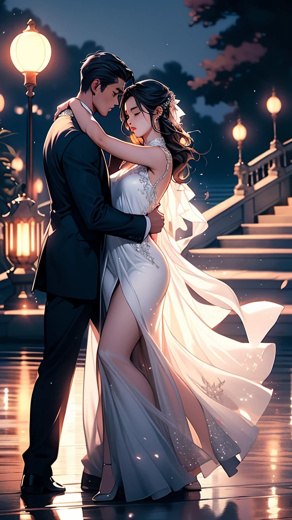 a beautiful young chinese girl in a transparent long white dress, dancing tango with a handsome man in a moonlit park with a lake, elegant and graceful movements, glowing moonlight, serene atmosphere, detailed facial features, intricate dress flowing, photorealistic, highly detailed, dynamic composition, dramatic lighting, cinematic, trending on artstation