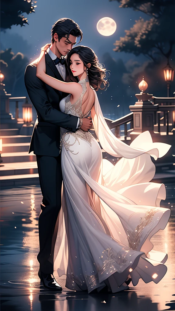 a beautiful young chinese girl in a transparent long white dress, dancing tango with a handsome man in a moonlit park with a lake, elegant and graceful movements, glowing moonlight, serene atmosphere, detailed facial features, intricate dress flowing, photorealistic, highly detailed, dynamic composition, dramatic lighting, cinematic, trending on artstation