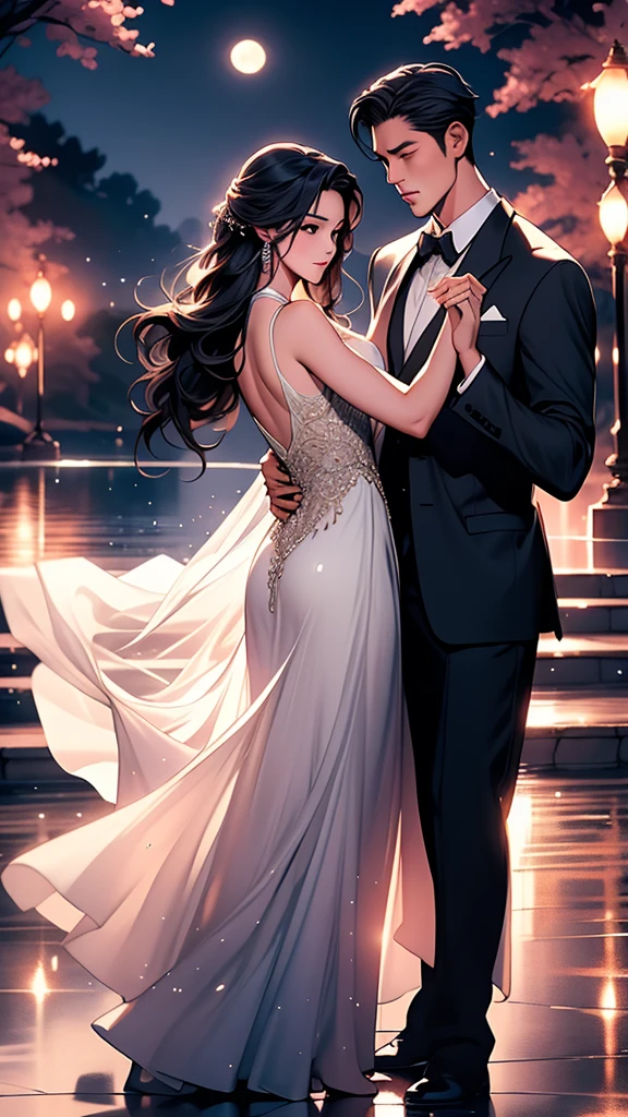 a beautiful young chinese girl in a transparent long white dress, dancing tango with a handsome man in a moonlit park with a lake, elegant and graceful movements, glowing moonlight, serene atmosphere, detailed facial features, intricate dress flowing, photorealistic, highly detailed, dynamic composition, dramatic lighting, cinematic, trending on artstation