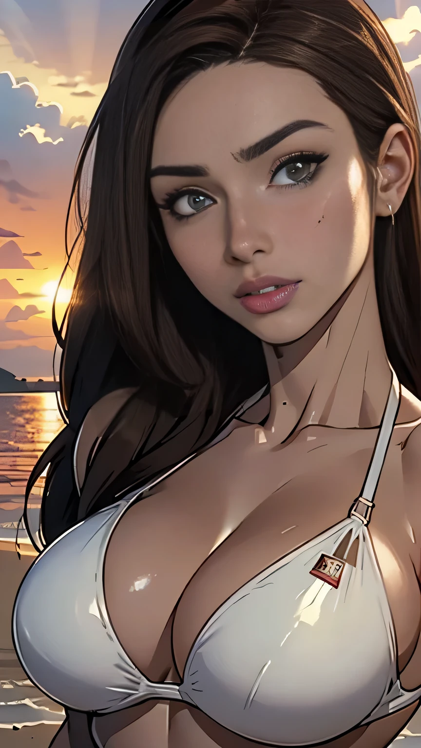 photo of mlp Meowko, RAW, beautiful woman, ((portrait)), ((detailed face:1.2)), ((detailed facial feature, detailed skin, glossy lips, shiny luscious lips, clear skin), (long brown hair, light brown, brunette: 1.55), (perfect proportioned body, Strong, muscular, narrow waist, narrow hips, skinny, massive breasts), (wearing sports bikini), (Beach sandy, sunset on the water, evening), (realistic photo, best quality, detailed), (8k wallpaper), (cinematic lighting, beautiful light, (day:1.3)) (sharp focus, intricate)