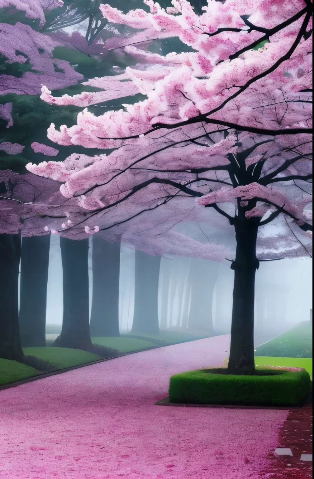 there is a tree with pink flowers in the foggy area, extremely beautiful and ethereal, spring early morning, misty garden, incredibly ethereal, cherry blossom forest, cherry blossom, cherry blossoms, flowers and trees, detailed trees in bloom, cherry blossom tree, cherry tree in the background, by Xie Shichen, by Cheng Jiasui, very ethereal, beautiful!!!!!!!!!