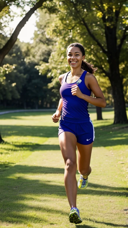 young woman, training with friends, modern era, running clothes, park, enjoying running together, trees and pathways in the background, wide shot, joyful style