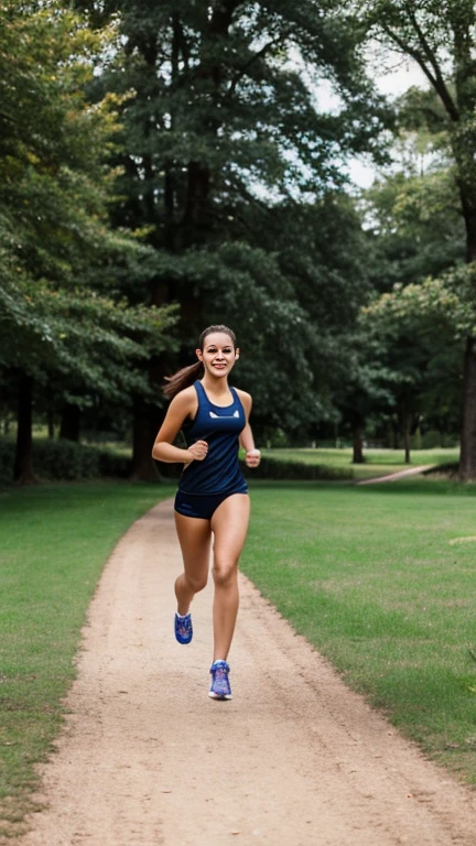 young woman, training with friends, modern era, running clothes, park, enjoying running together, trees and pathways in the background, wide shot, joyful style