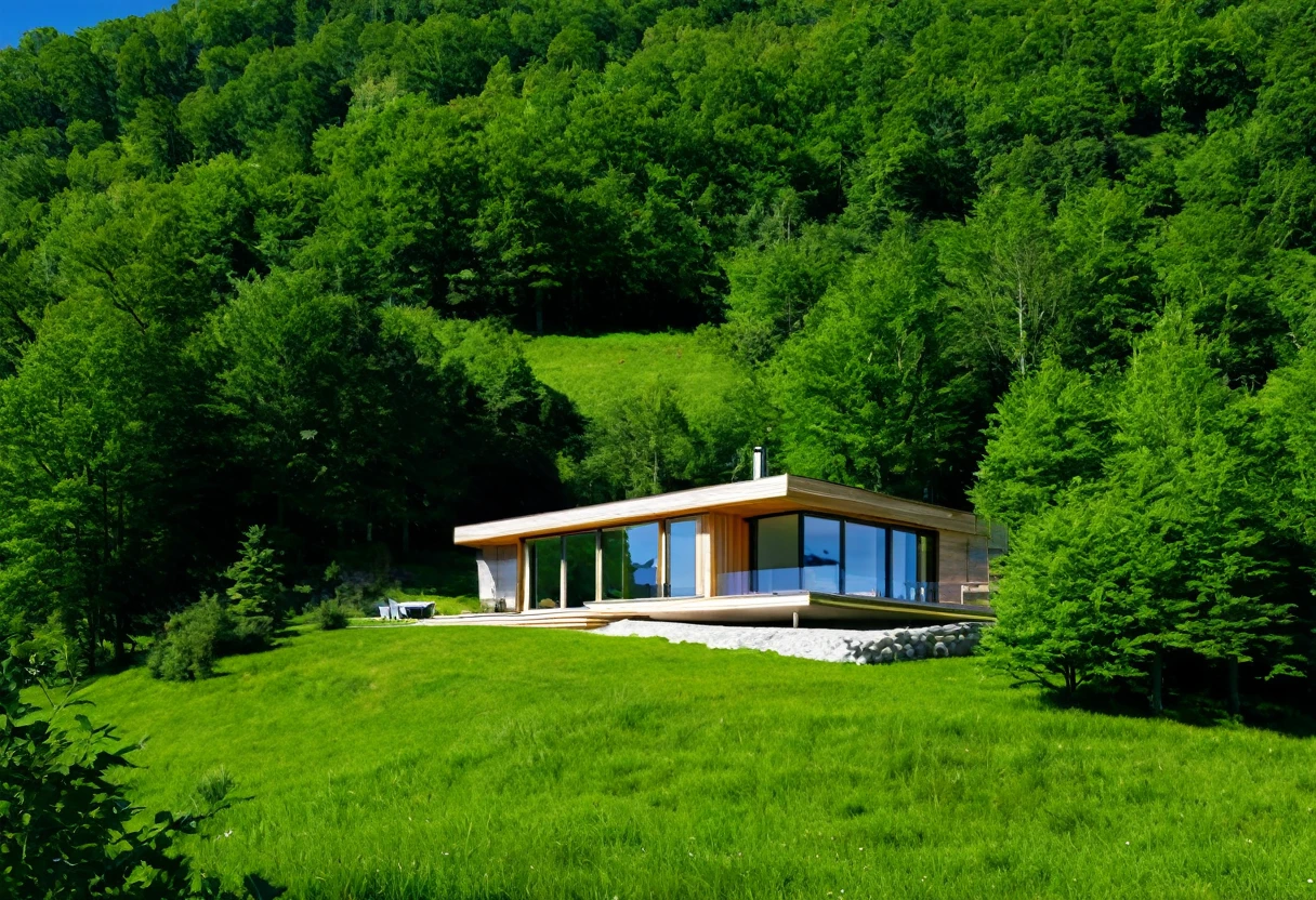une  maison de montagne moderne avec une façade vitrée, Étage unique, architecture minimaliste, Grandes fenêtres, Entouré par la nature, extérieur en bois, Des lignes épurées, Vue panoramique, Intérieur confortable, Design élégant, style contemporain, éclairage naturel, serene paysage, verdure luxuriante, Beau paysage, (Meilleure qualité,4k,8k,haute résolution,chef-d&#39;œuvre:1.2),ultra-détaillé,(Réaliste,photoRéaliste,photo-Réaliste:1.37),architecture,paysage