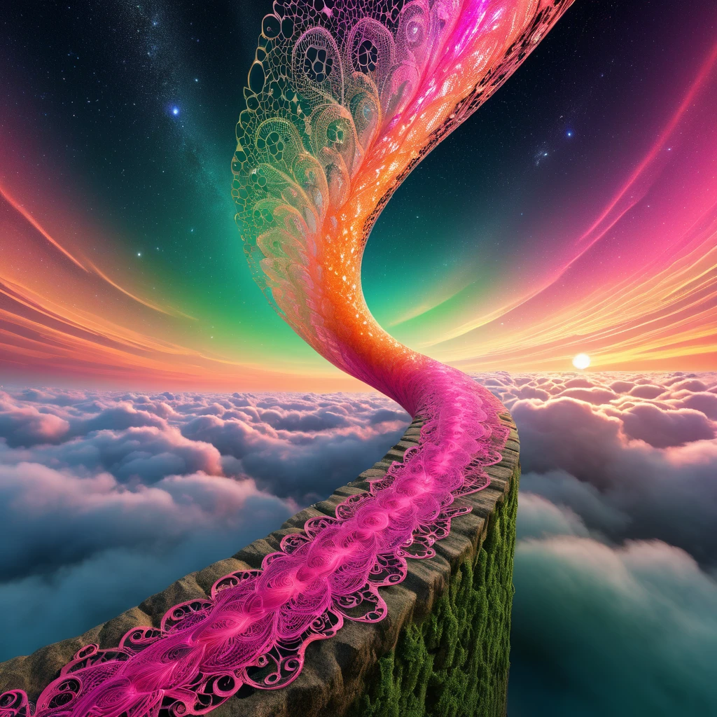 a breathtaking glossy sparkling swirl column resambling a fantastic very long lacy fabric, the subject is bursting vith vibrant gradient explosion in the sky in pink, orange and green colors forming a cloud image resambling a perfect hand doing the sign ok, semitransparent, voronoi style, starry nightscape, perfect anatomy, abstract and visually striking composition. the colors should blend, conveying a sense of movement and energy, unreal engine, hdr, 8k, final render