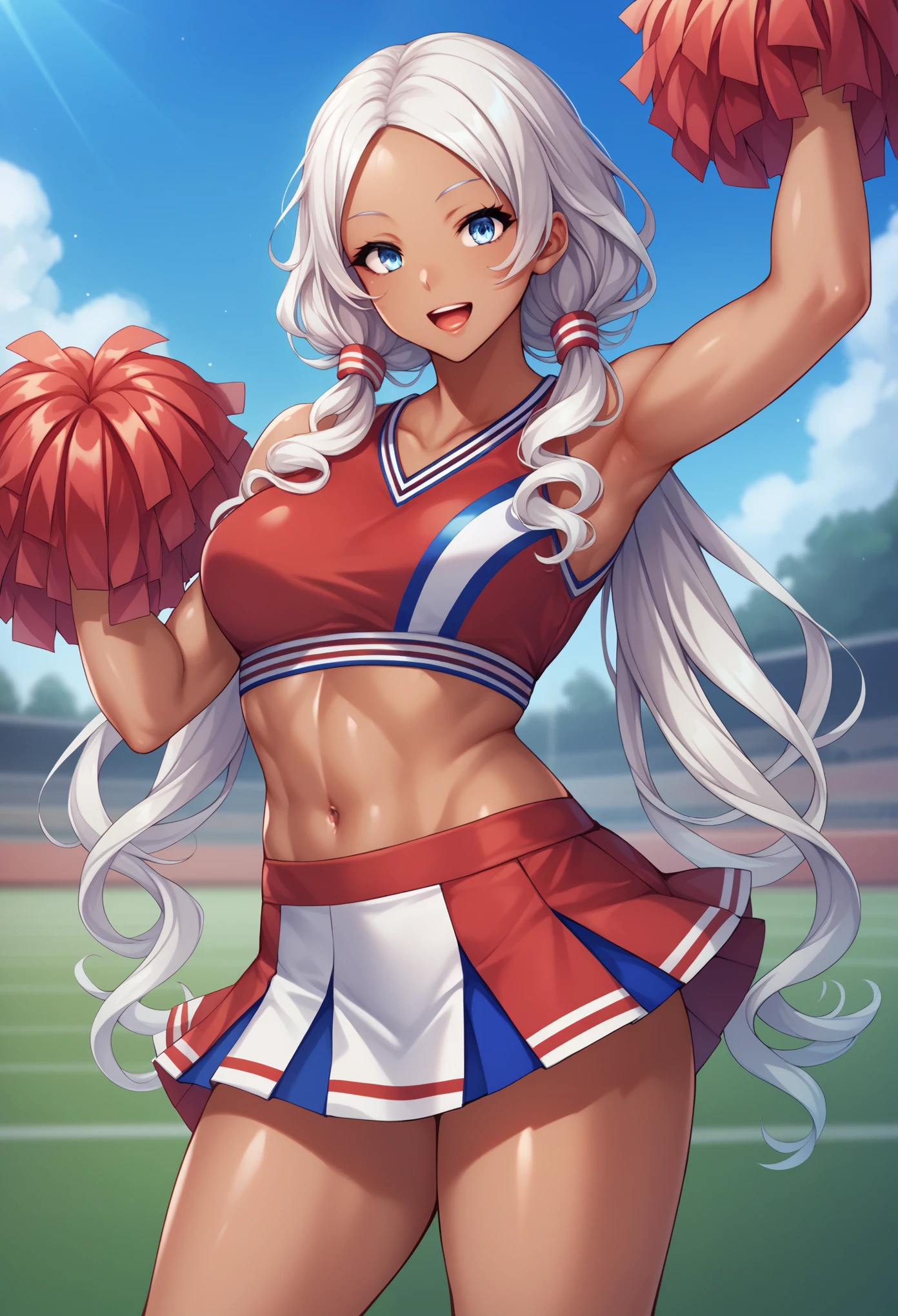 Score_9, 1girl, white hair, curly hair, parted bangs, dark skinned girl, very dark skin girl, long hair, low twintails, bare forehead, blue eyes, puffy lips, breasts, thighs, young girl, red cheerleader outfit, midriff, skirt, sports field, blue sky, smile, open mouth, shiny skin, (cowboy shot), body upclose, standing