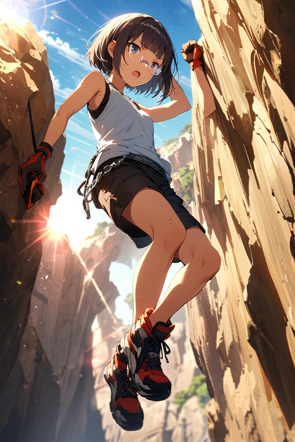 (extremely detailed fine touch:1.3), (((silver semi-rimless eyewear:1.3))), (wear silver headphones around neck:0.8), short hair, blunt bangs, 1girl, solo, 2.5d face, serious, open mouth, sweat, full body, bare arms, bare legs, from below, rock climbing, cliffhanger, tanktop, shorts, glove, spikeshoes, one wire belt, extremely detailed cliff, sunshine, lensflare,