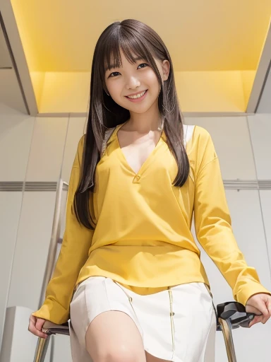 Japanese female, (underweight), (flat chest best quality:1.5), (cheerful grin:1.5),NSFW,
sitting, (legs spread:1.1), straight hair, (yellow blouse), (white skirt), with a chair, full body shot, (((from below:1.4)))