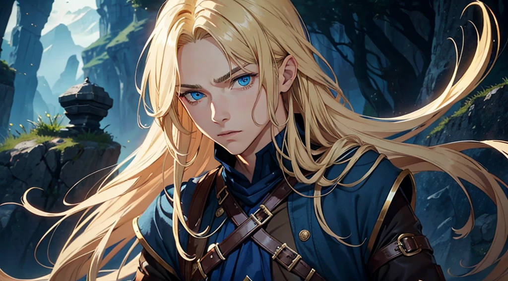 best quality, expressive eyes, perfect face, long hair, blonde hair, androgynous male, blue eyes, fantasy adventurer outfit, he is scared