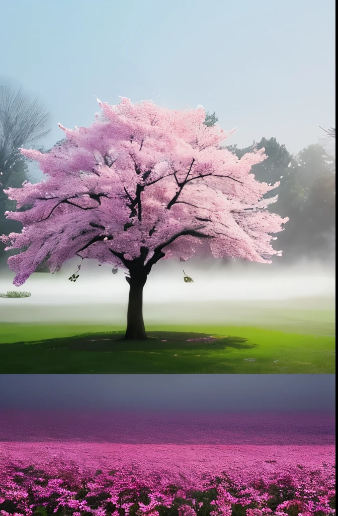 there is a tree with pink flowers in the foggy area, extremely beautiful and ethereal, spring early morning, misty garden, incredibly ethereal, cherry blossom forest, cherry blossom, cherry blossoms, flowers and trees, detailed trees in bloom, cherry blossom tree, cherry tree in the background, by Xie Shichen, by Cheng Jiasui, very ethereal, beautiful!!!!!!!!!