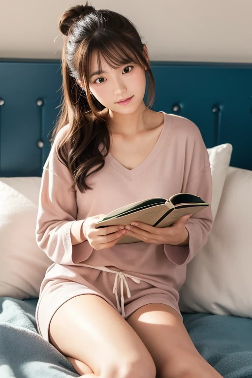Produce the highest quality and highest resolution 8K images。Please draw a 20-year-old Japanese woman lying on her bed reading a book.。She has brown eyes and a model figure.、She has an idol-level cute face.。Her hair is in a bun.。The skin is、It is a natural skin color。What to wear、Wearing stylish loungewear。
