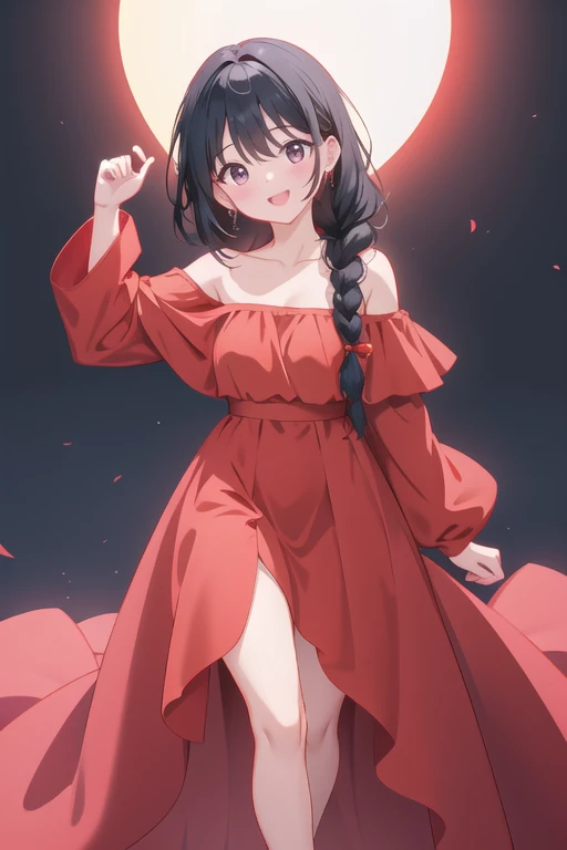 Girl with braided black hair、Glowing Skin、Laughter、Red dress、Off the shoulder、Standing with one hand on one&#39;s chest、grassland、Hair fluttering in the wind and a long skirt、Anatomically correct、Accurate hand drawing