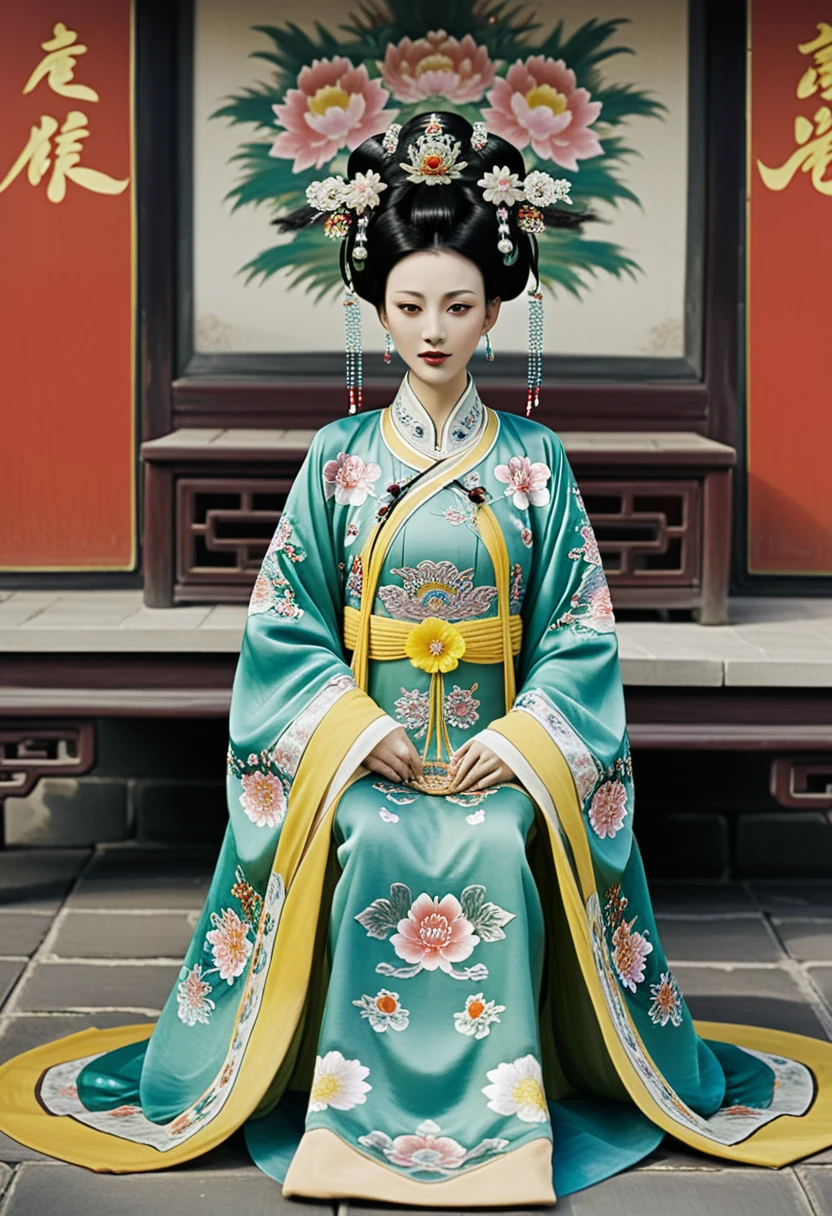 A Qing Dynasty empress is naked and playing with her pubic hair in the Chinese imperial court. A Qing Dynasty empress is wearing a large crown for a Chinese empress. Her hair is decorated with a large flower and a large crown. Her hair is tied up and pulled up. The background is the stone paving outside the Qing Dynasty.