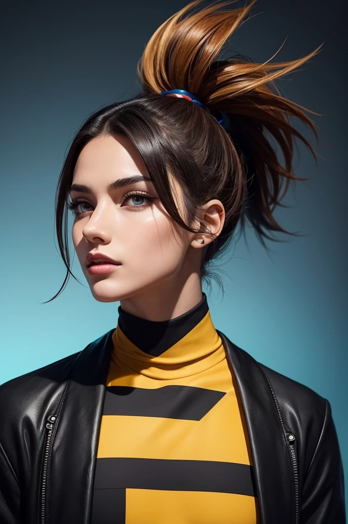 Create a stunning illustration of a young adult with a bold and dynamic presence, set against a dramatic background that predominantly features a striking palette of deep red, mysterious black, and vibrant blue tones. The young adult, with a strong jawline and piercing brown eyes, has short, spiky black hair and a subtle, determined smile. Their skin tone is a warm, golden brown. They wear a sleek, modern outfit with bold, geometric patterns and clean lines, incorporating the primary colors of the palette. The illustration style is a mix of digital painting and graphic novel-inspired elements, with bold brushstrokes, textures, and subtle gradients. The composition is dynamic, with the young adult placed off-center, looking directly at the viewer with confidence and intensity. The overall mood is youthful, energetic, and empowering. O garoto ainda segura uma xícara
