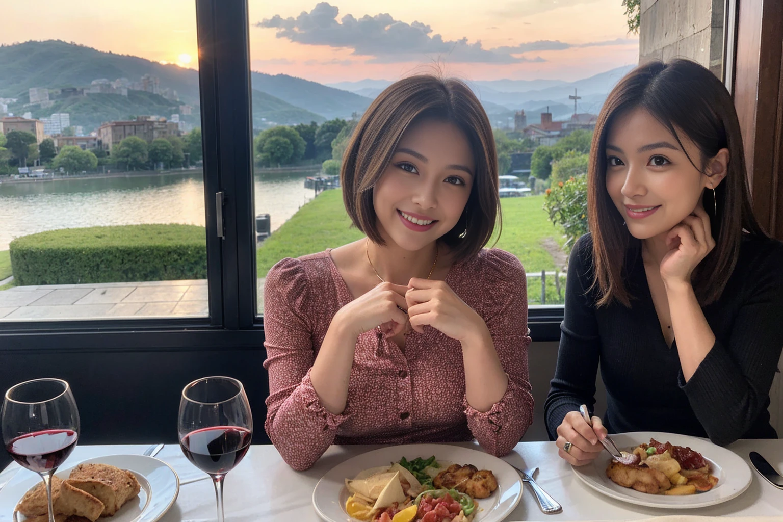 (Realistic:1.1),(masterpiece,Highest quality),8k,(40 years old), 42 years old, slimカップル、Model Couple、actress/actor、Tight waist,Upper Body,full-course dinner、wine 、Amazing view of the sunset sky and clouds、Perfect Anatomy, Brown Hair, short hair,Random Hairstyles,((Highly detailed face and eyes:1.2))(cute顔:1.4),美しいactressの顔,Perfect golden ratio face,Long sleeve shirt、dress,(smile:1.2)、Shortcuts、cute、(Realistic, Intricate details:1.2), A bright smile、short hair,Bright Face、赤wine 、Appetizers、Italian food、wine bottle、Champagne、スパークリングwine、(slimな顔), (The body is slim), (Brown Hair), (Shortcuts), Upper Body, 白wine, slim, wineグラス,