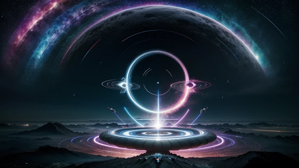 Sci-fi conceptual art, spiral Ying and Yang forces are core balancing factor of the world, wormhole, flying vehicle flying through, vivid colorful cosmos as background.