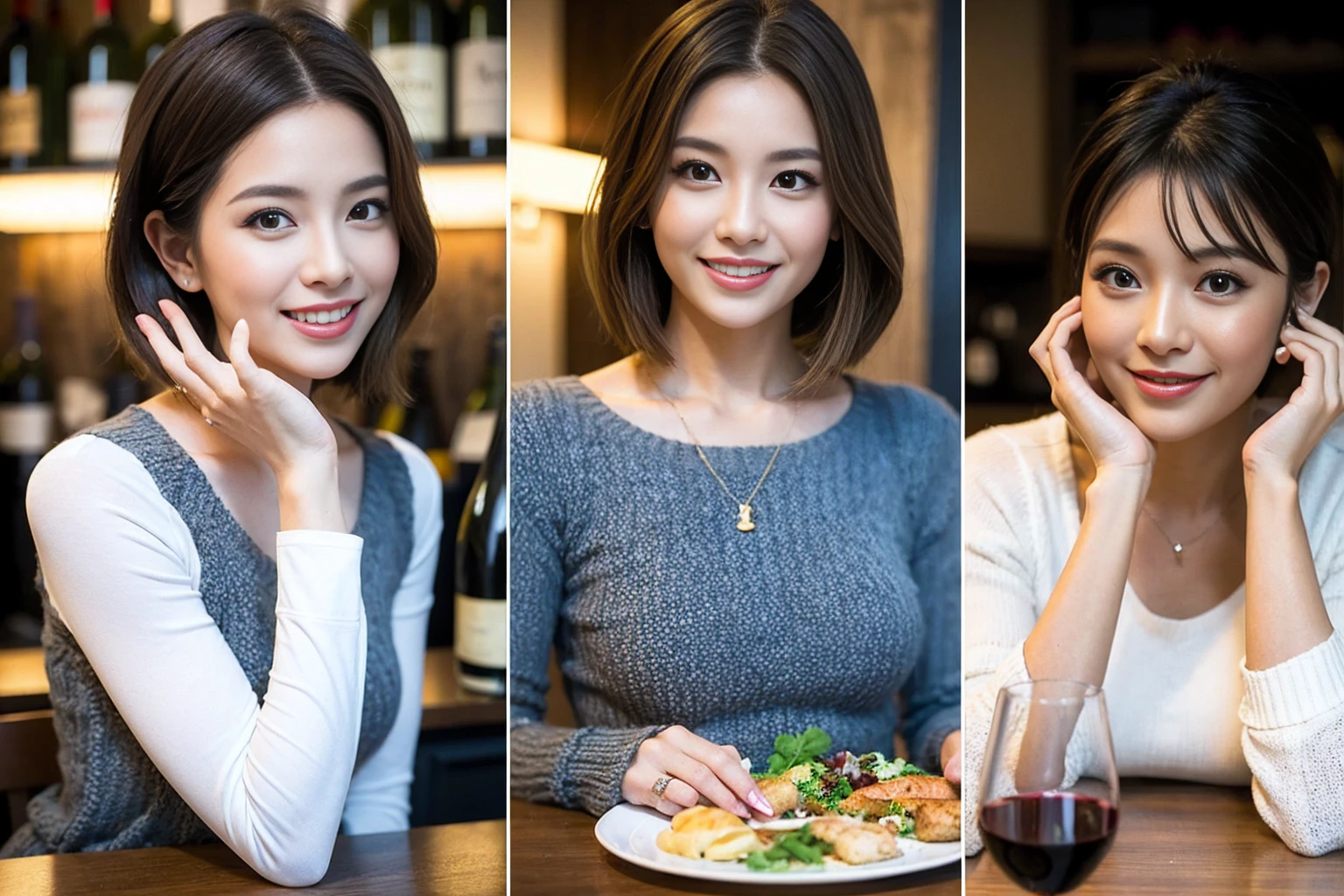 (Realistic:1.1),(masterpiece,Highest quality),8k,(49 years old), 53 years old, ベリーslimボディ、slimカップル、Tight waist,Upper Body,full-course dinner、wine 、Amazing view of the sunset sky and clouds、Perfect Anatomy, Brown Hair, short hair,Random Hairstyles,((Highly detailed face and eyes:1.2)),Perfect golden ratio face,Long sleeve shirt、dress,(smile:1.2)、Shortcuts、cute、(Realistic, Intricate details:1.2), A bright smile、short hair,Bright Face、赤wine 、Appetizers、Italian food、wine bottle、Champagne、スパークリングwine、(slimな顔), (The body is slim), (Brown Hair), (Shortcuts), Upper Body, 白wine, slim, wineグラス,