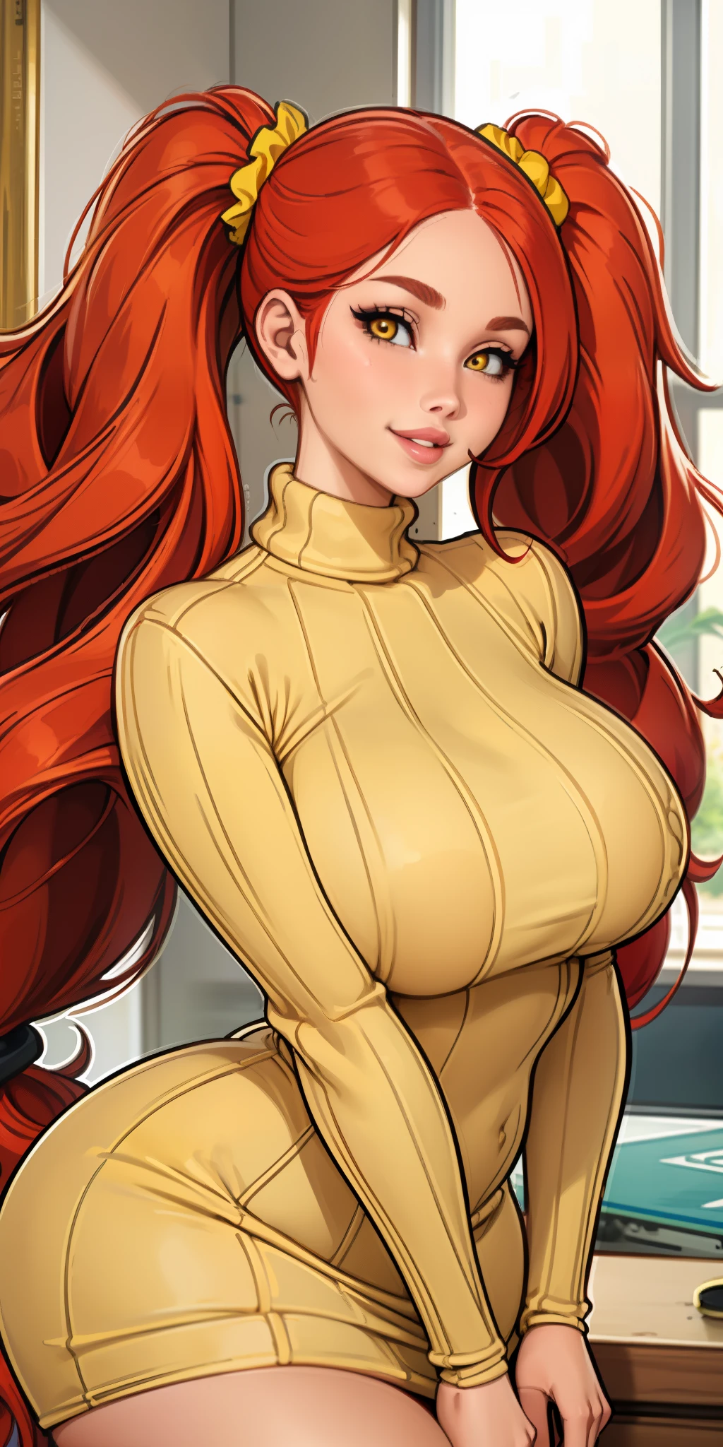 masterpiece, best quality, 1girl, solo, red hair, twintails, very long hair, yellow eyes, turtleneck, ribbed sweater, sweater dress, upper body, parted lips, lips, mature female, curvy, hair scrunchie, huge breasts, looking at viewer, house, Naughty girl smile