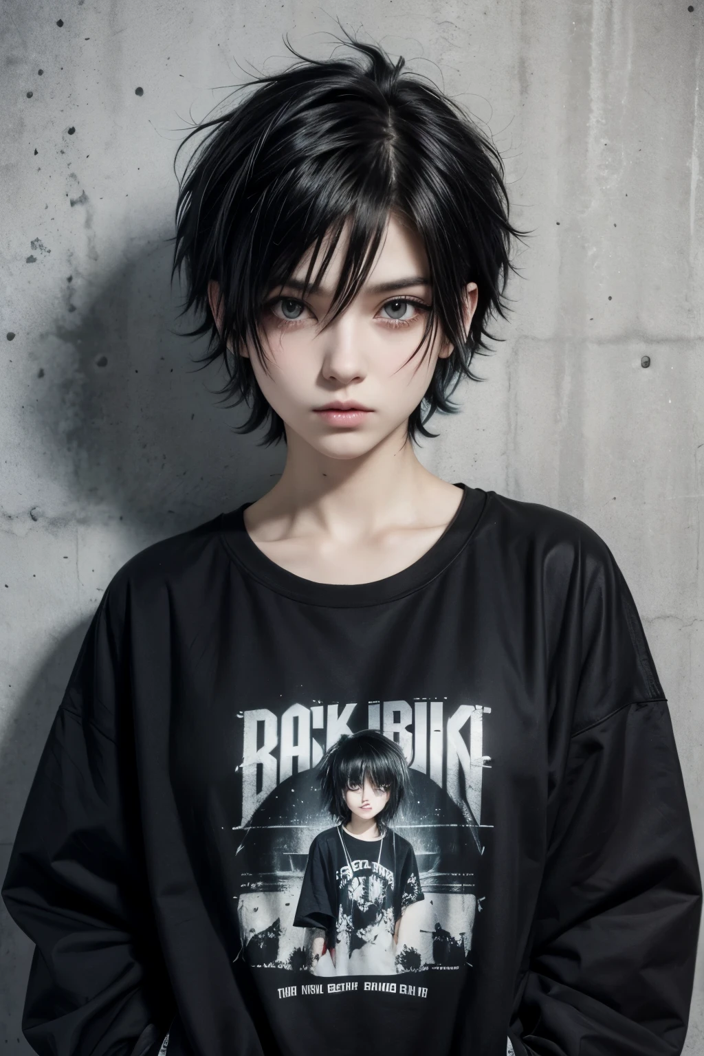 Girl drawn anime style, baggy clothes, rock bands t-shirt, emo style, short and spiky hair, dark makeup