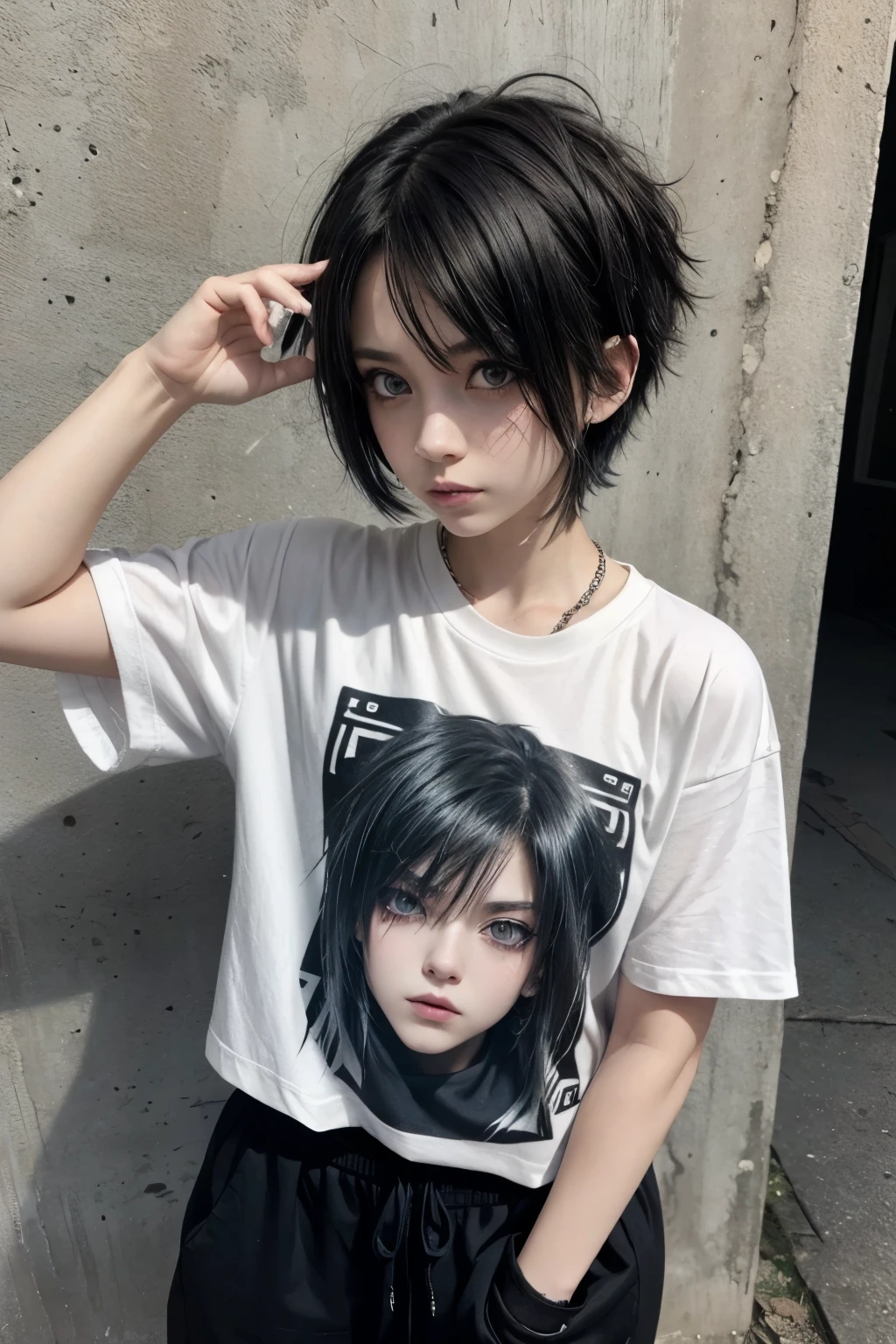 Girl drawn anime style, baggy clothes, rock bands t-shirt, emo style, short and spiky hair, dark makeup