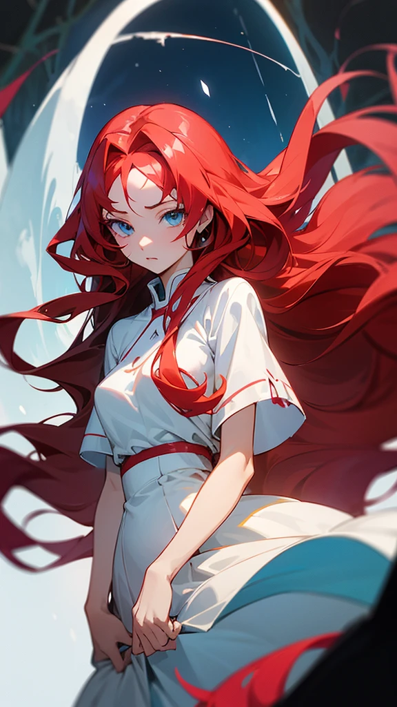anime character. An 18-year-old female with long red wavy hair and blue eyes, her eyes are sharp. Wearing a plain white dress with a little bloodstain, she is in the middle of the night in the forest eating an apple. studio ufotable