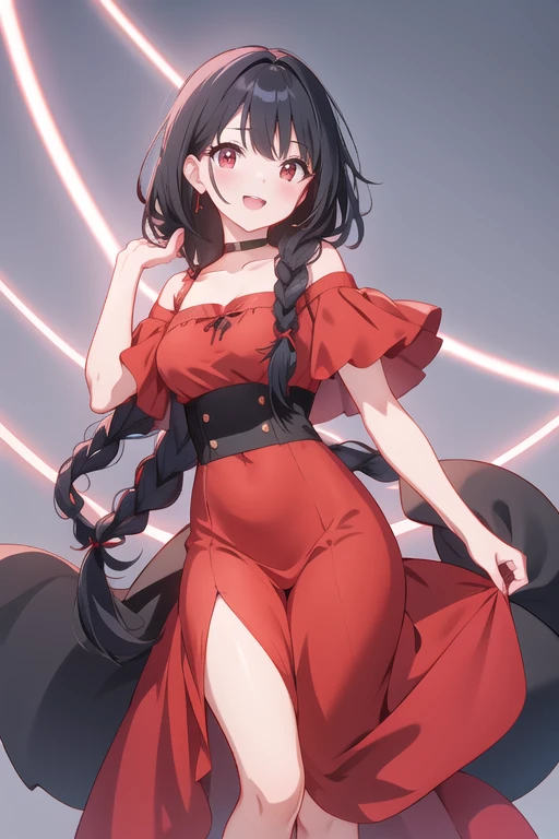 Girl with braided black hair、Glowing Skin、Laughter、Red dress、Off the shoulder、Standing with one hand on one's chest、The background is a grassland、Hair fluttering in the wind and a long skirt、Anatomically correct、Accurate hand drawing