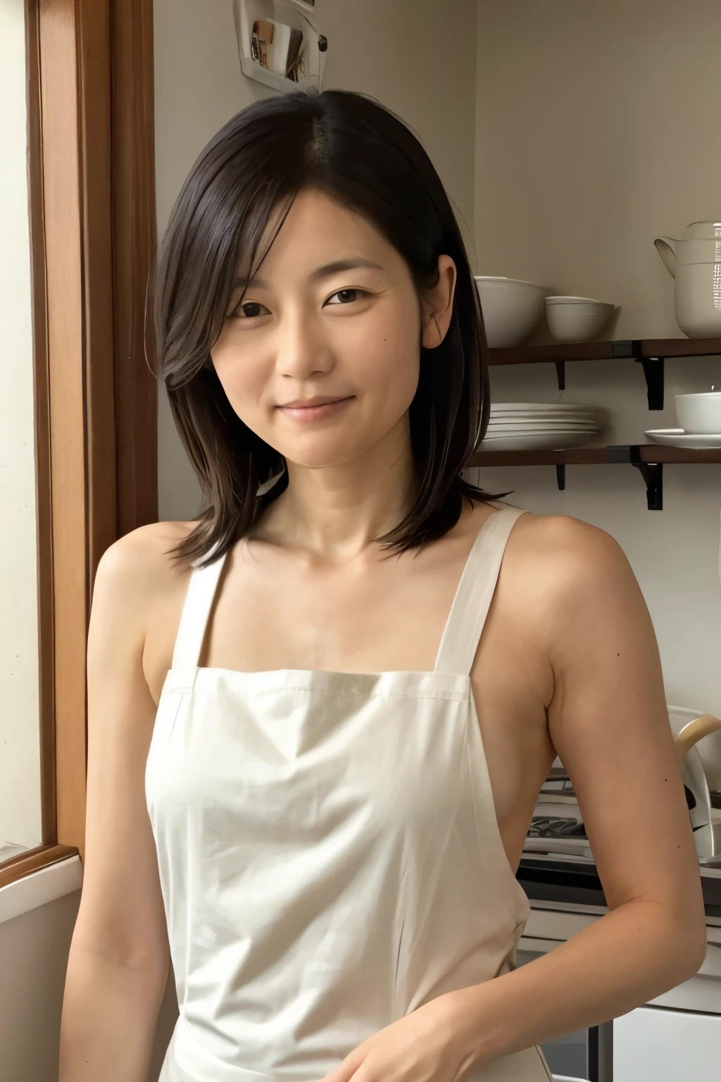 (masterpiece), high quality, high resolution, a skinny Japanese woman, 40 years old, {medium|small} breasts, very thin waist, correct body anatomy, naked but wearing only an apron, {short|long} hair, cute face, detailed face, detailed eyes, standing at the kitchen, photo from various angle