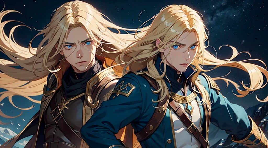 1man, best quality, expressive eyes, perfect face, long hair, blonde hair, androgynous male, blue eyes, fantasy adventurer outfit, he is terrified