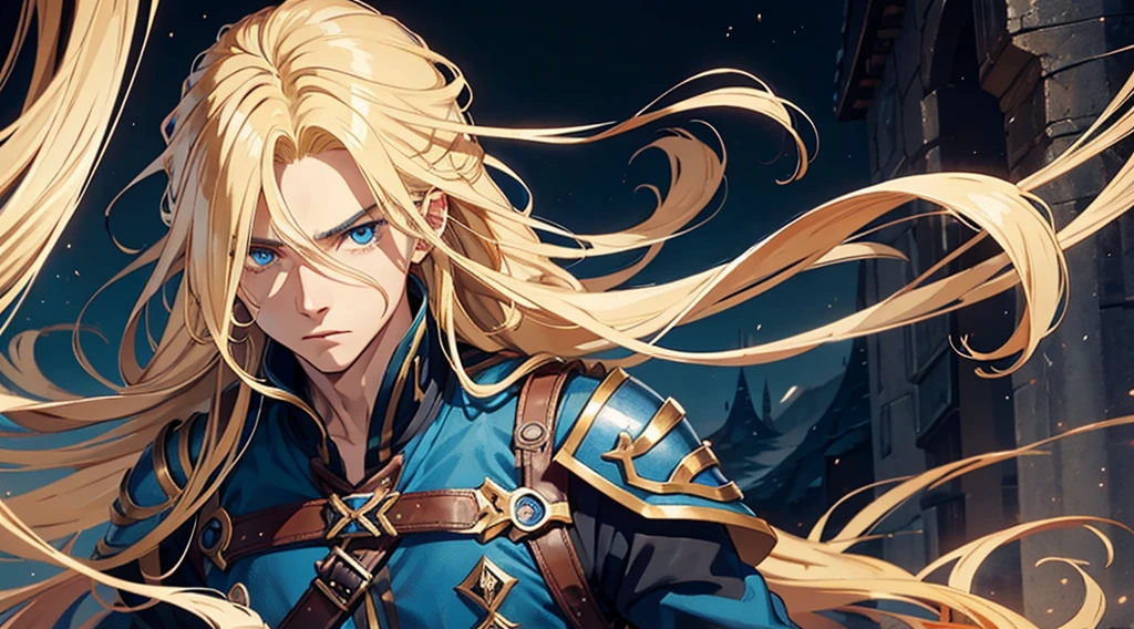 1man, best quality, expressive eyes, perfect face, long hair, blonde hair, androgynous male, blue eyes, fantasy adventurer outfit, he is terrified