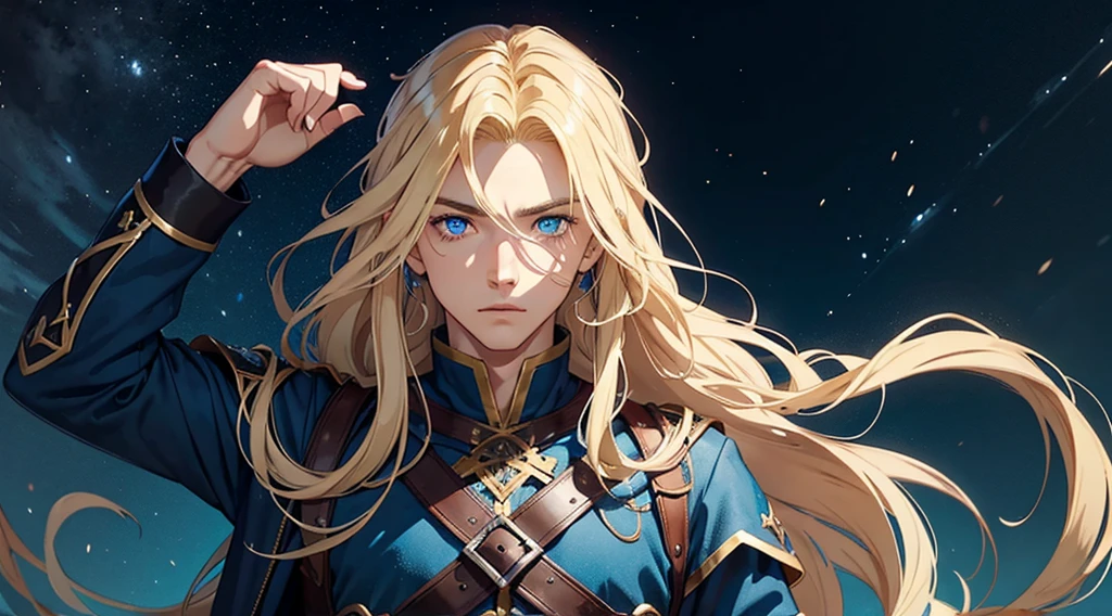 1man, best quality, expressive eyes, perfect face, long hair, blonde hair, androgynous male, blue eyes, fantasy adventurer outfit, he is terrified