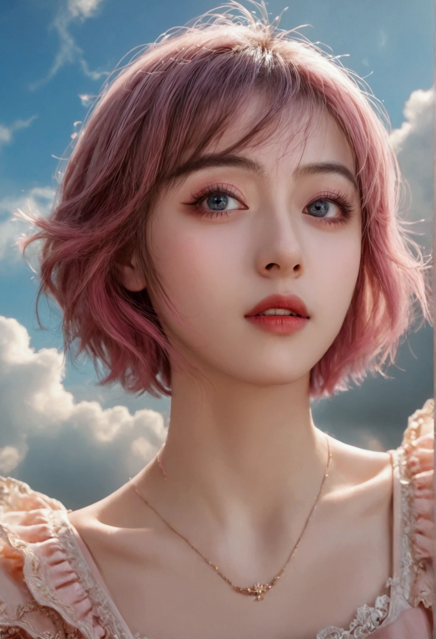 a young girl with pink short hair, flying through the sky, beautiful detailed eyes, beautiful detailed lips, extremely detailed face, long eyelashes, elegant pose, sunlight streaming through clouds, vibrant colors, cinematic lighting, dreamlike atmosphere, digital art, detailed background, intricate details, masterpiece, highly detailed, 8k, photorealistic, professional studio lighting