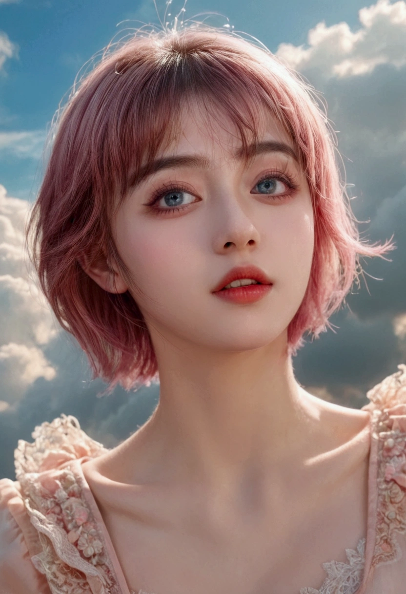 a young girl with pink short hair, flying through the sky, beautiful detailed eyes, beautiful detailed lips, extremely detailed face, long eyelashes, elegant pose, sunlight streaming through clouds, vibrant colors, cinematic lighting, dreamlike atmosphere, digital art, detailed background, intricate details, masterpiece, highly detailed, 8k, photorealistic, professional studio lighting