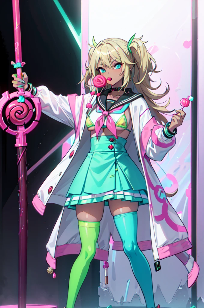 same character, 1 girl, (gyaru), [ganguro],  full body, long blonde hair, dark skinned girl, curly hair, light blue eyes, eye shadow (neon green), neon green lipstick, neon yellow nail polish, big breasts, [huge breasts], micro bikini, (miccro bikini top only) white coat, open coat, black sailor collar, [miniskirt], aquamarine pencil skirt, (high waist skirt: 1.5), (neon green thighhighs), sports shoes, (platform sports shoes) and high heels, wide beaded bracelets, female warrior, weapon, [mace], (holding a translucent red lollipop hammer: 1.5) in her right hand), buckler, (on her left arm a mint candy buckler: 1.0), (standing), legs spread, white background 