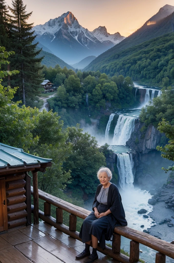 an old woman sitting on the terrace of a cabin house, with a backdrop of mountains and waterfalls, in the evening atmosphere,