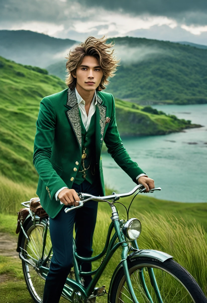 A stunning high-quality photograph of a dashing young man, showcasing his clean face and shaggy hair. He is dressed in intricate, styled clothing inspired by Final Fantasy. The young man is seen gracefully mounting a vintage bicycle on a lush green hillside. Behind him, a shimmering lake reflects the dramatic gray sky. The overall composition harmoniously blends all elements, conveying a sense of expansiveness and cinematic beauty. The level of detail in this 32K, UHD image is truly captivating, demonstrating the power of HDR+ technology., cinematic