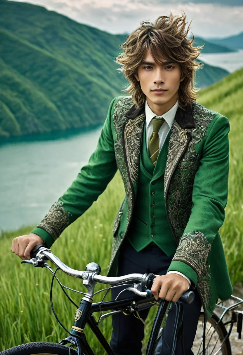 A stunning high-quality photograph of a dashing young man, showcasing his clean face and shaggy hair. He is dressed in intricate, styled clothing inspired by Final Fantasy. The young man is seen gracefully mounting a vintage bicycle on a lush green hillside. Behind him, a shimmering lake reflects the dramatic gray sky. The overall composition harmoniously blends all elements, conveying a sense of expansiveness and cinematic beauty. The level of detail in this 32K, UHD image is truly captivating, demonstrating the power of HDR+ technology., cinematic