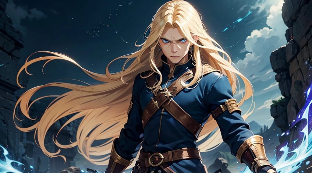 1man, best quality, expressive eyes, perfect face, long hair, blonde hair, androgynous male, blue eyes, fantasy adventurer outfit, angry