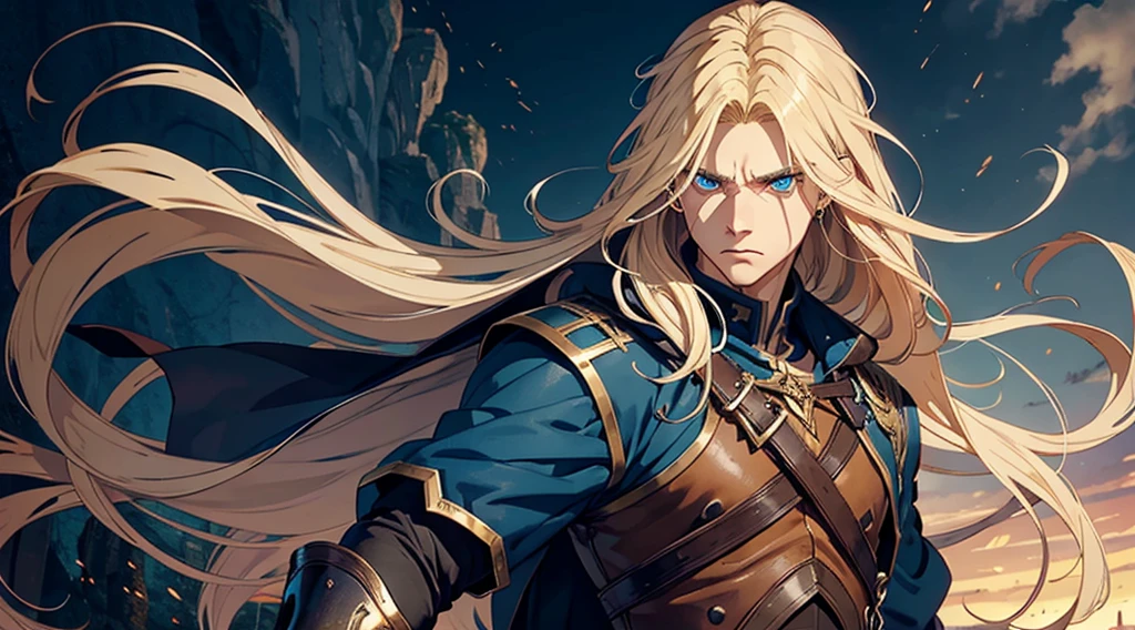 1man, best quality, expressive eyes, perfect face, long hair, blonde hair, androgynous male, blue eyes, fantasy adventurer outfit, angry
