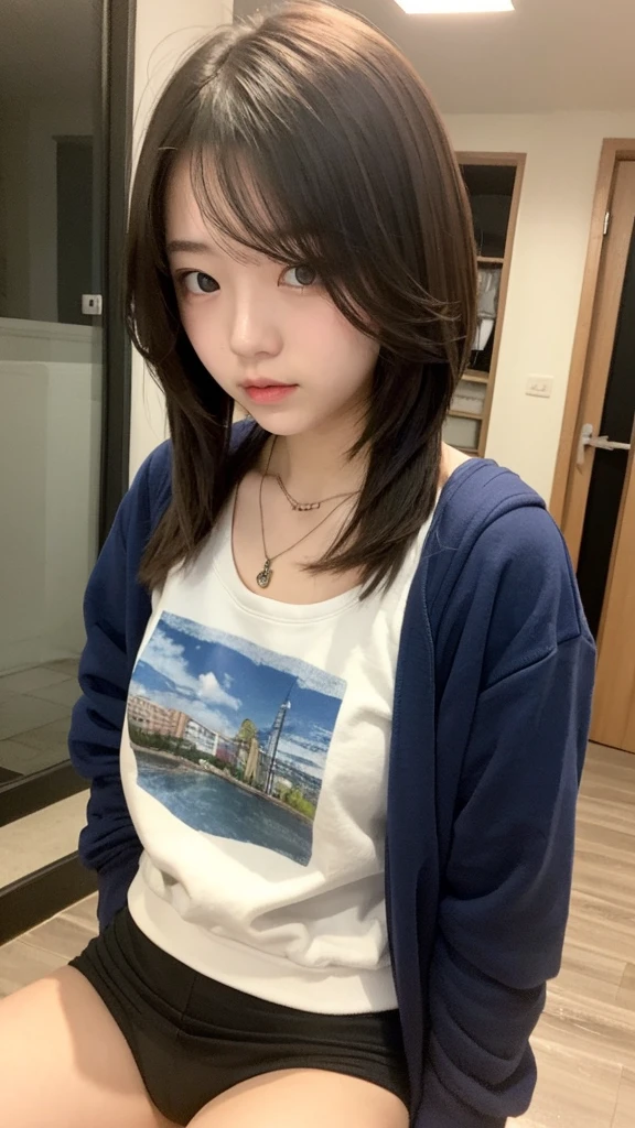 Student girl 18-year-old Hairstyle Casual, wearing sweatshirt and no pants with necklace at house