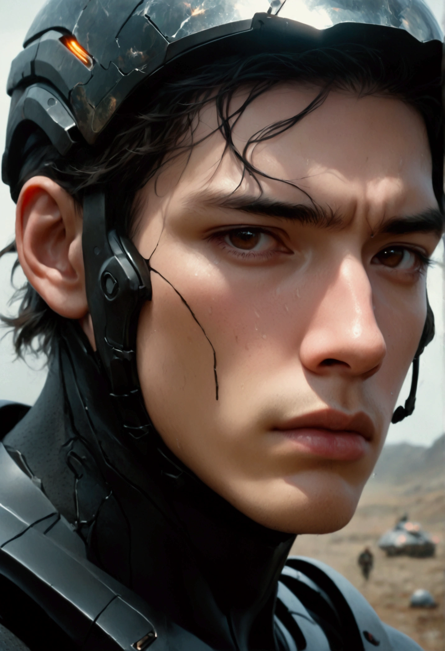 there is a man with a helmet and a wetsuit, cinematographic frame, Edgar Maxence and Ross Tran, Closeup of face, futuristic soldier, still film of a tired, by Pierre Lafillé, military, without helmet, male with halo, shattered land, my uncle, color corrected