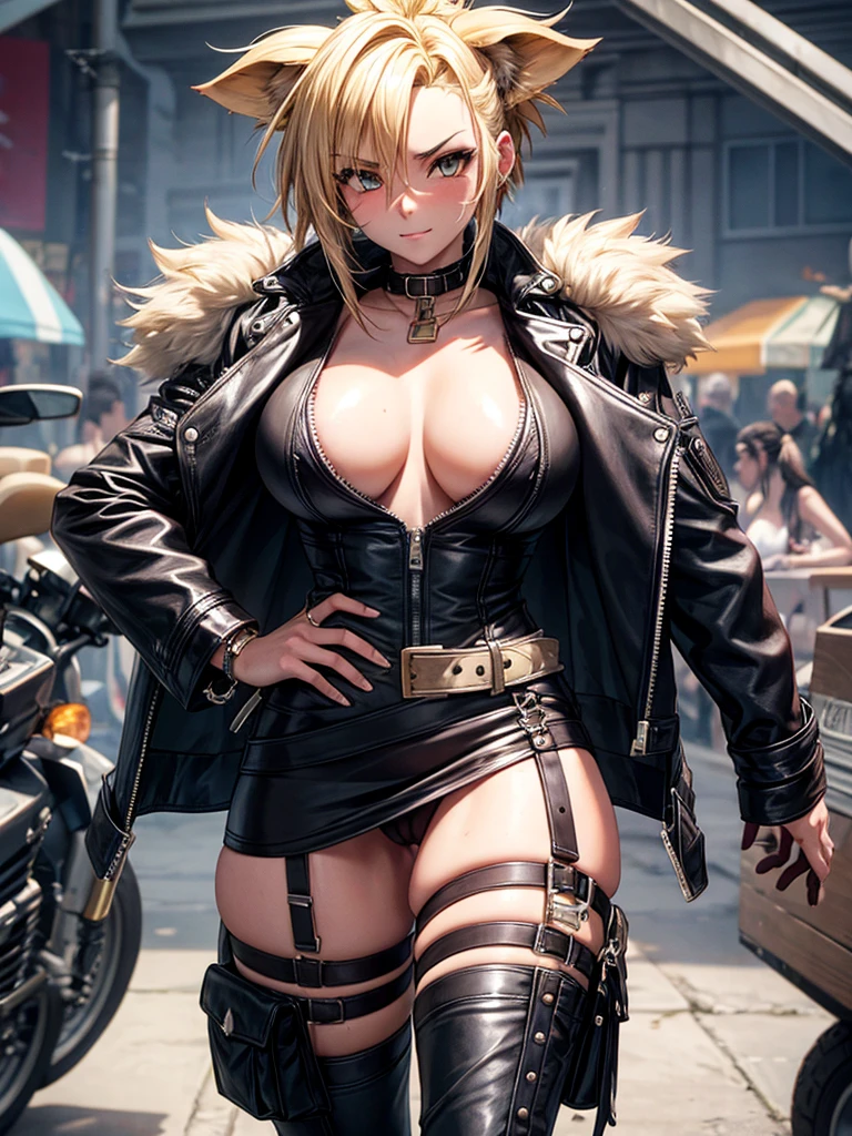 Hyena girl, furry, antro hyena, leather biker jacket, blonde mohawk, exposed pussy, blushing, medium tits, wet pussy