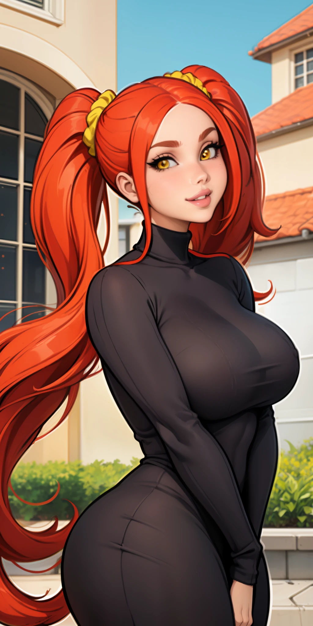 masterpiece, best quality, 1girl, solo, red hair, twintails, very long hair, yellow eyes, turtleneck, ribbed sweater, sweater dress, upper body, parted lips, lips, mature female, curvy, hair scrunchie, huge breasts, looking at viewer, house, Naughty girl smile