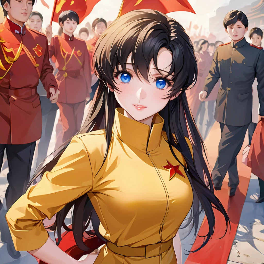 ((Highest quality)), ((masterpiece)), (detailed), （Perfect Face）、The woman is a Chinese Lacus Clyne with blue eyes and medium-long black hair. She is wearing an engagement ring. She has become a member of the glorious Chinese Communist Party and has sworn absolute loyalty to the Chinese Communist Party. She is a righteous Communist Party member of China.、The woman is a member of the Chinese Communist Party and is wearing a khaki Mao suit.、For the sake of China, they dye their hair, hairstyle, clothes, and everything they wear belongs to the Chinese Communist Party, and their thoughts are also Chinese, becoming great Chinese in body and mind.、The woman became Lacus Clyne, a Chinese woman who was proud of and loved China.