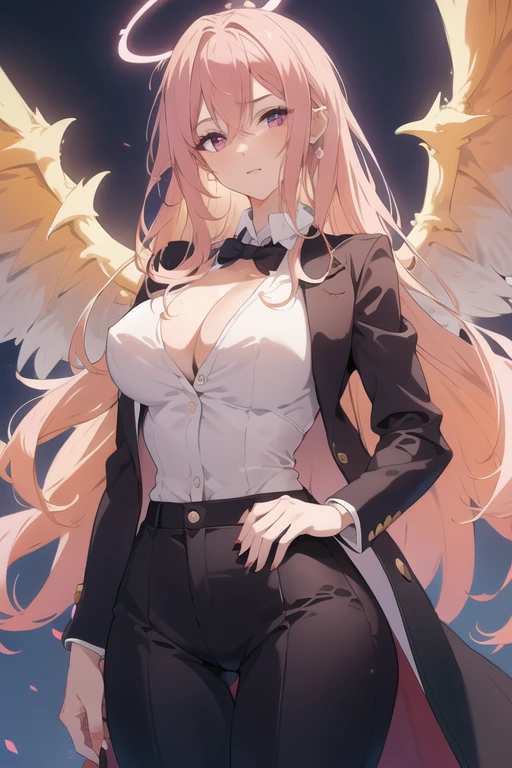 beautiful young woman, lithe physique, long messy peach colored hair, magenta eyes, halo, crown, white shirt, black tie, black jacket, black pants, suit and tie, small breasts, nipples poking through, nipples, large ass, thighs, highly detailed, 8k, photorealistic, dramatic lighting, cinematic, elegant, fashion portrait, angel, angelic, wings,