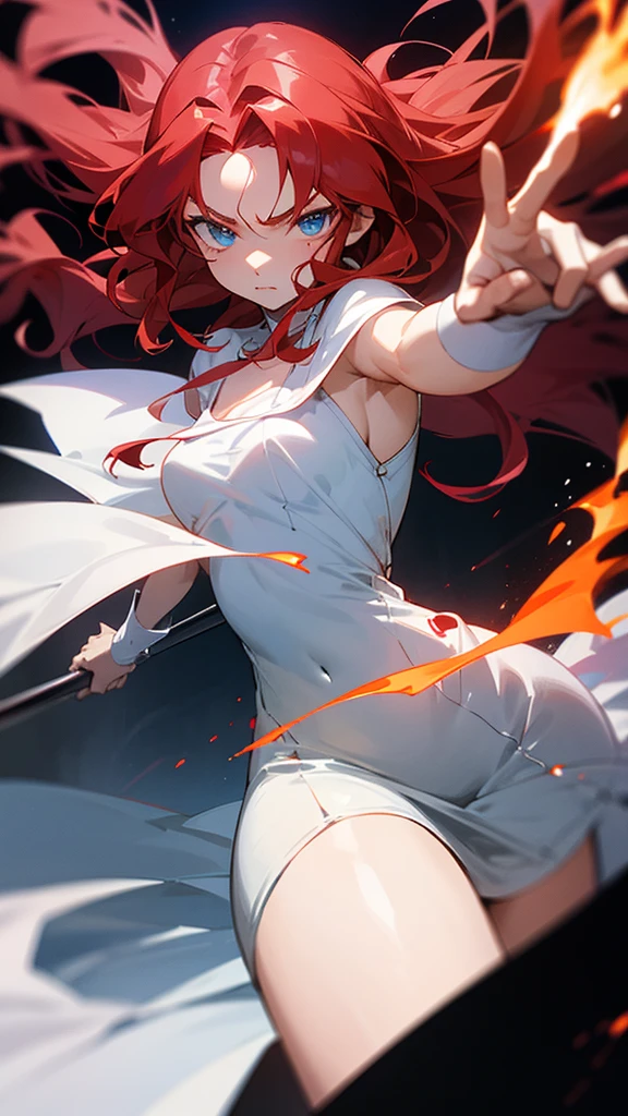 anime character. An 18-year-old female with long red wavy hair and blue eyes, her eyes are sharp. Wearing a plain white dress with a little bloodstain, is in a dark room, and in her hand there is the power of fire. studio ufotable