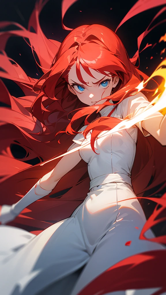 anime character. An 18-year-old female with long red wavy hair and blue eyes, her eyes are sharp. Wearing a plain white dress with a little bloodstain, is in a dark room, and in her hand there is the power of fire. studio ufotable