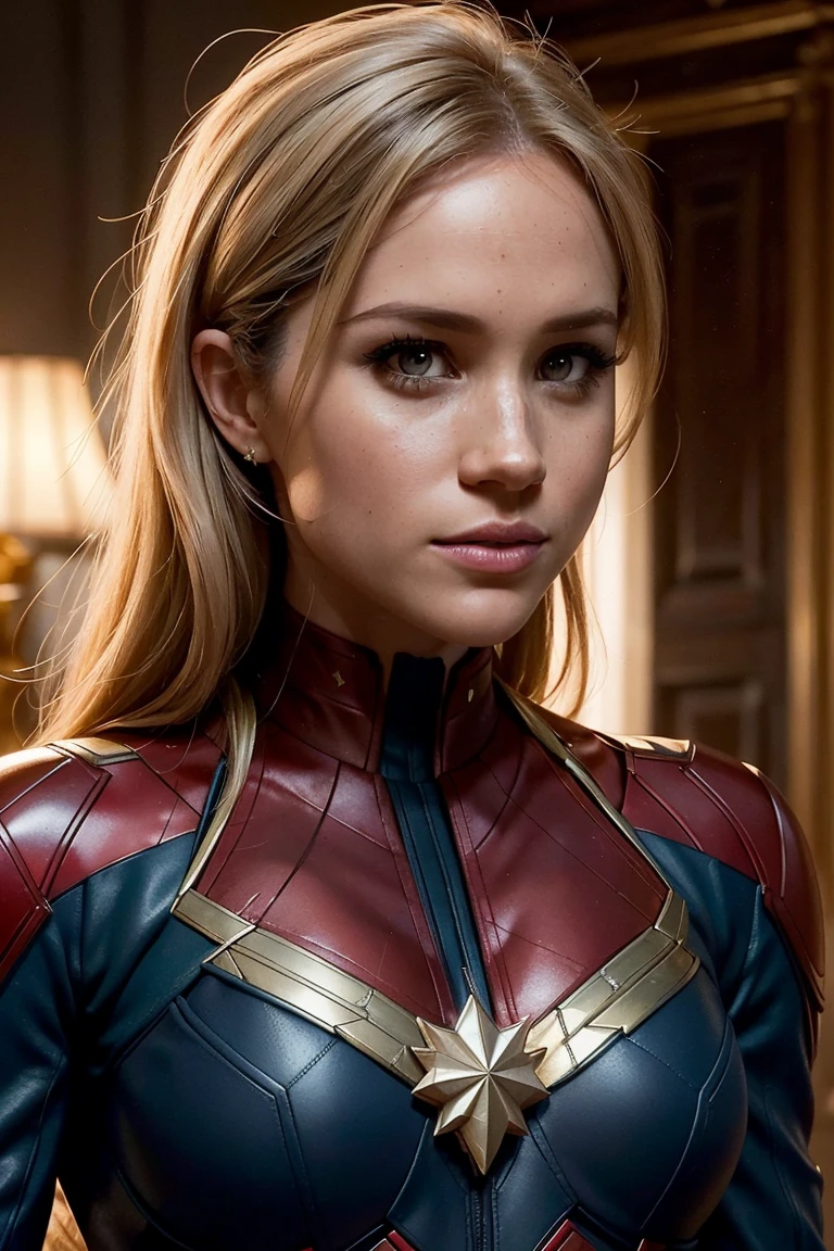 Meghan Markle, wearing Captain Marvel costume sexy clothes, her costume is transparent, revealing her skin, professionally retouched, soft lighting, realistic, smooth face, perfect eyes, sharp focus on eyes, 8 k, high definition, insanely detailed, intricate, elegant. in a natural background.
